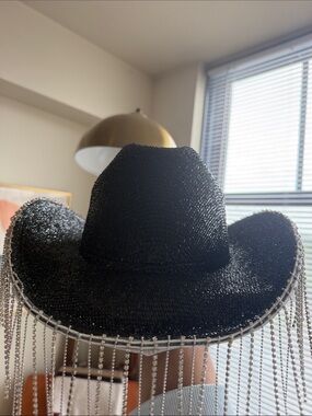 Black Faux Crystal Fringe Cowboy Hat with Plastic Hat Stand Inser